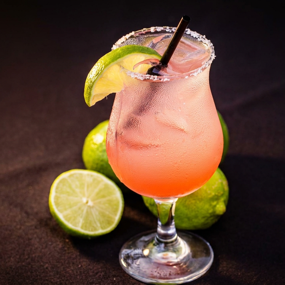 Pink cocktail with a salted rim, lime wedge, and black straw, surrounded by whole and halved limes.