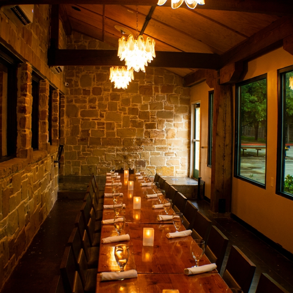Long dining table set for guests in a private room with stone walls and large windows.