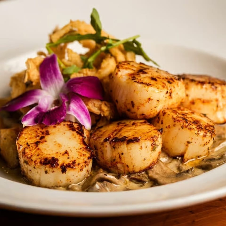 Seared scallops served over creamy risotto, garnished with greens and a purple orchid on a white plate.