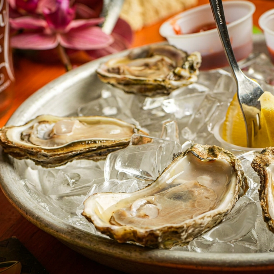 Fresh oysters on ice with lemon, cocktail sauce, and a glass of rosé wine.