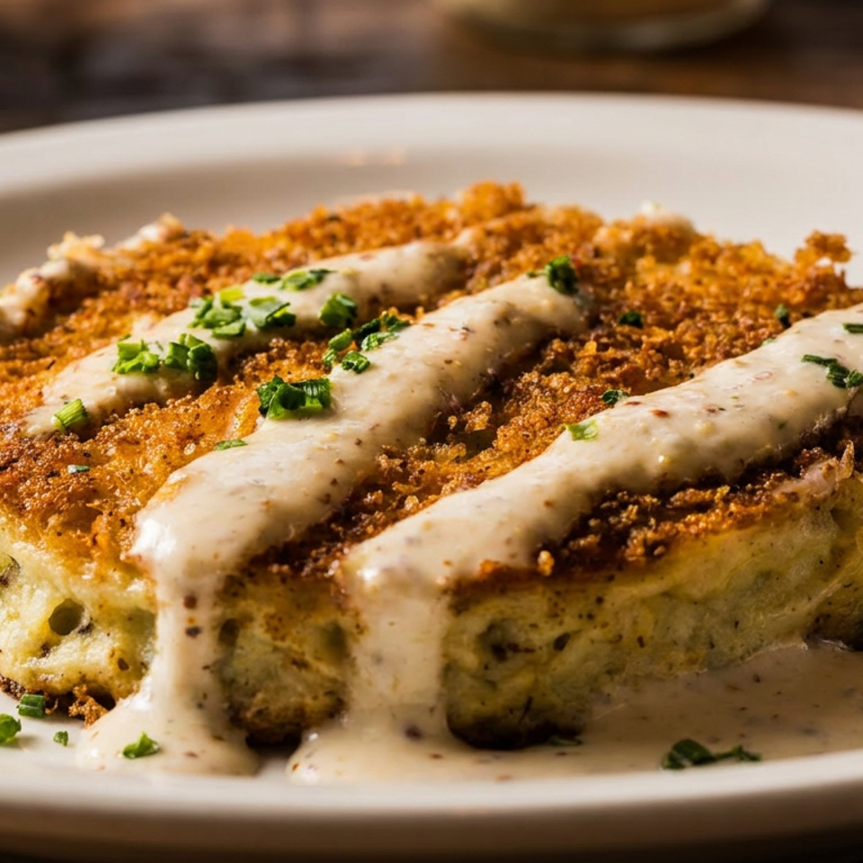 Golden-brown fried grit cake topped with creamy gravy and fresh chives on a white plate.