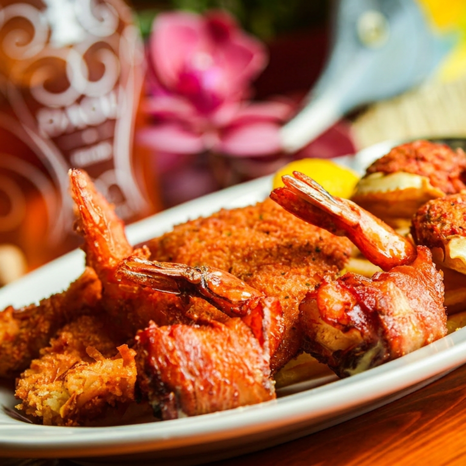 A white platter with fried shrimp, bacon-wrapped shrimp, and stuffed crab shells on a wooden table.
