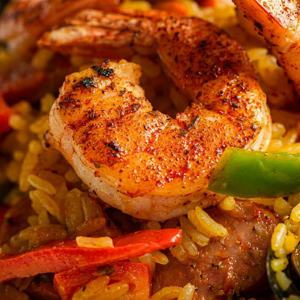 Close-up of a vibrant paella dish with seasoned shrimp, mussels, rice, and colorful bell peppers.