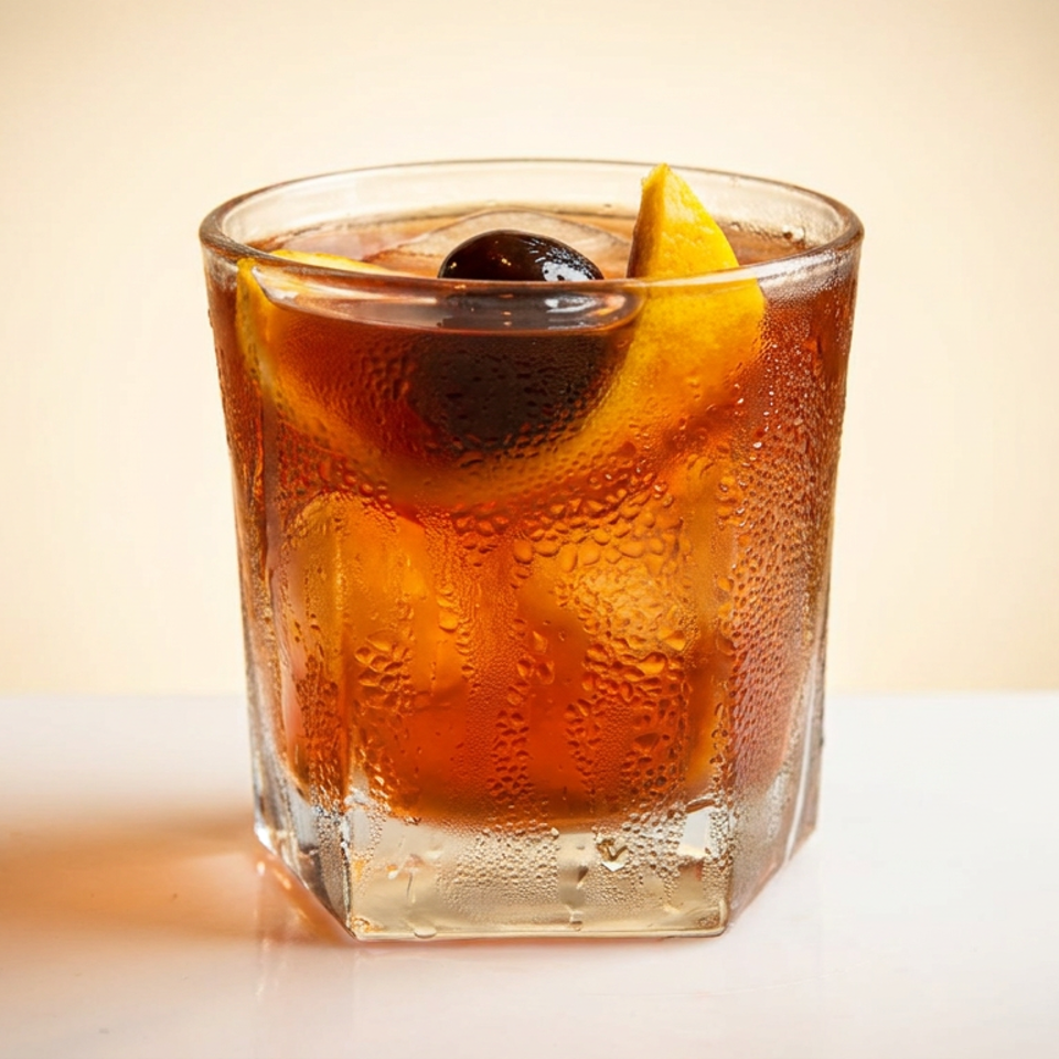 A sweating glass of Old Fashioned cocktail garnished with an orange peel and a cherry.