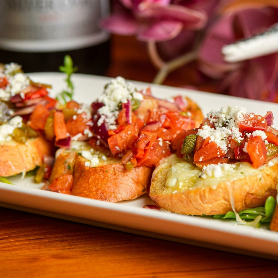 A white rectangular plate holds several pieces of bruschetta topped with diced tomatoes, peppers, and cheese.