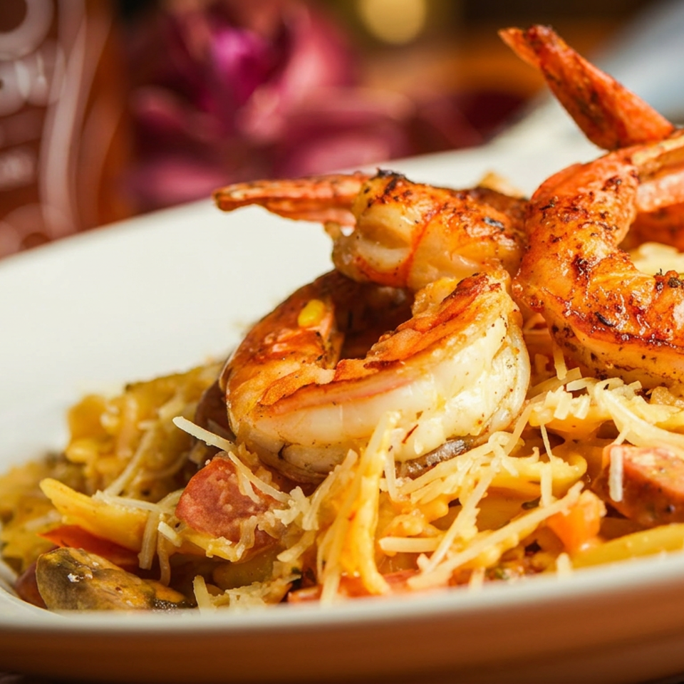 Close-up of grilled shrimp and sausage pasta with shredded cheese on a white plate.