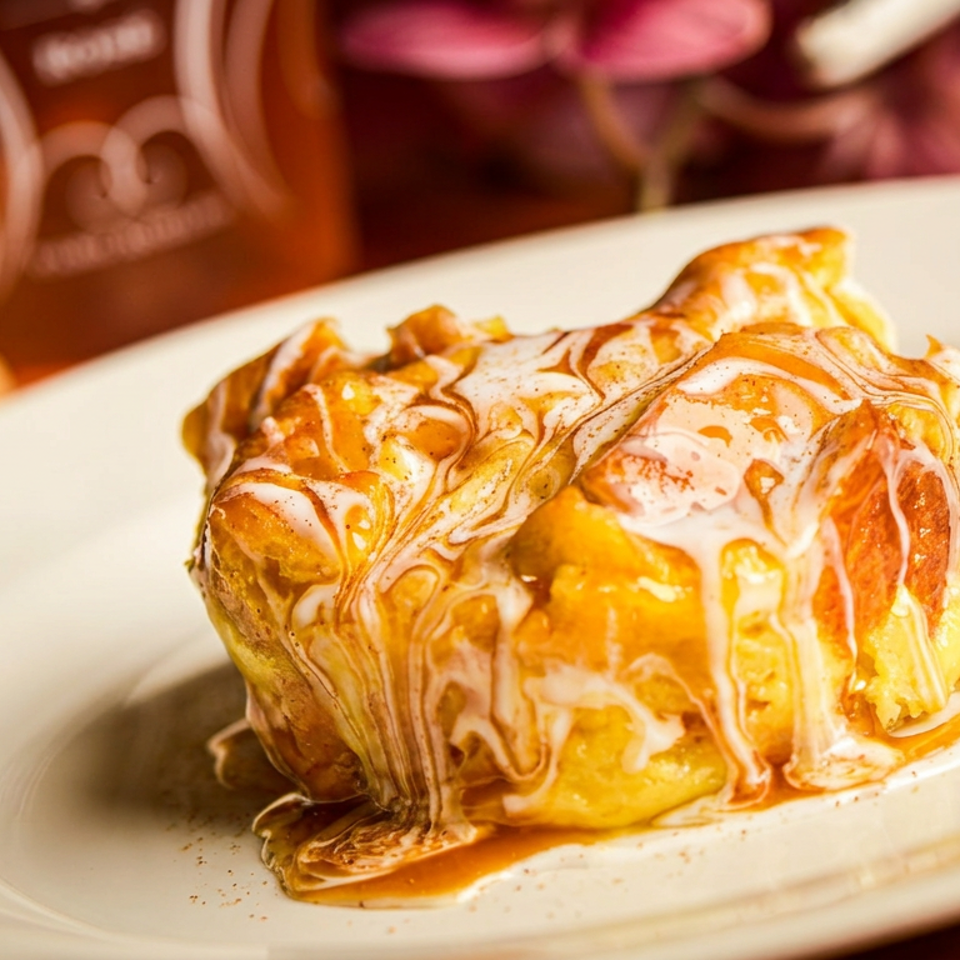 Golden dessert drizzled with white icing and caramel on a white plate, with a honey dipper in the background.