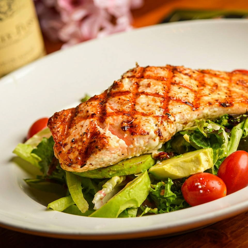 Grilled salmon fillet on a fresh green salad with avocado, cherry tomatoes, and cucumber.