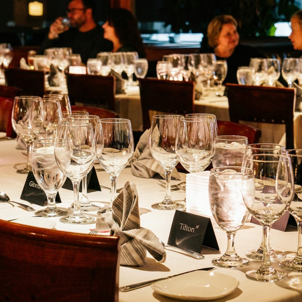 Elegantly set dining tables with wine glasses, silverware, and place cards in a dimly lit restaurant.