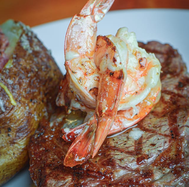 14 oz. New York Strip & Shrimp (USDA Prime).